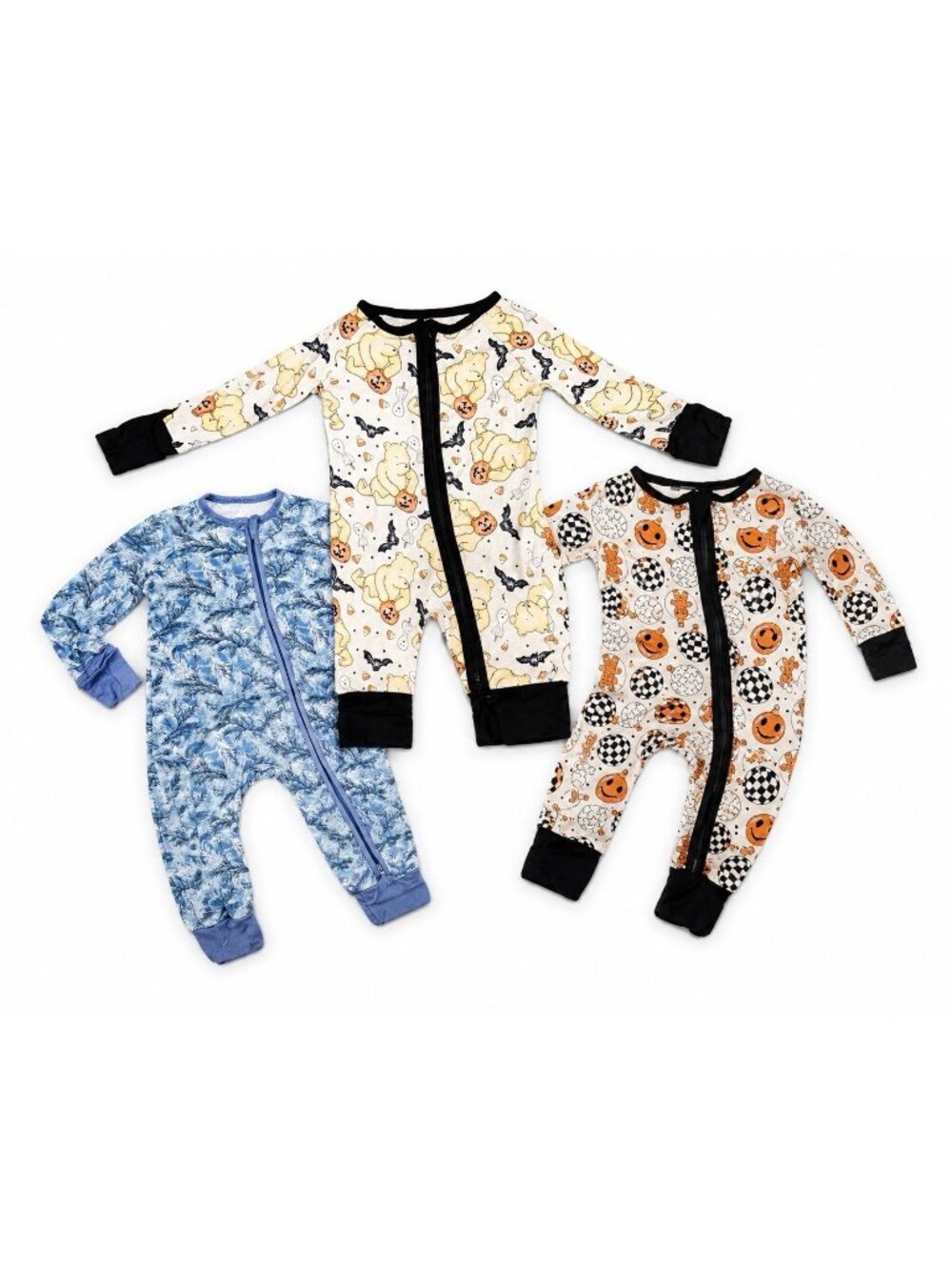Little Ones Baby Zip Footie Pajamas Lot 3 0-3M Blue Cream Halloween Bamboo Fall